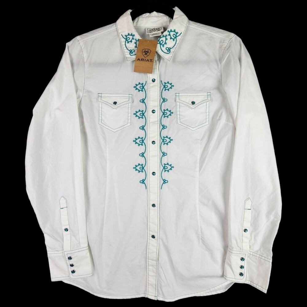 ARIAT Small Fitted Embroidered Western White Blue Pearl Pilar Snap Rodeo Cowgirl
